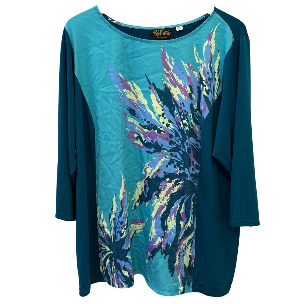 Bob Mackie Wearable‎ Art Teal Blue Abstract Floral 3/4 Sleeve Top Plus Size 2X